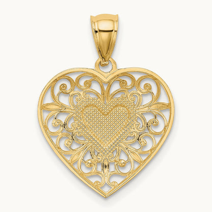 Polished Diamond-cut Filigree Heart Pendant, 14K with White Rhodium