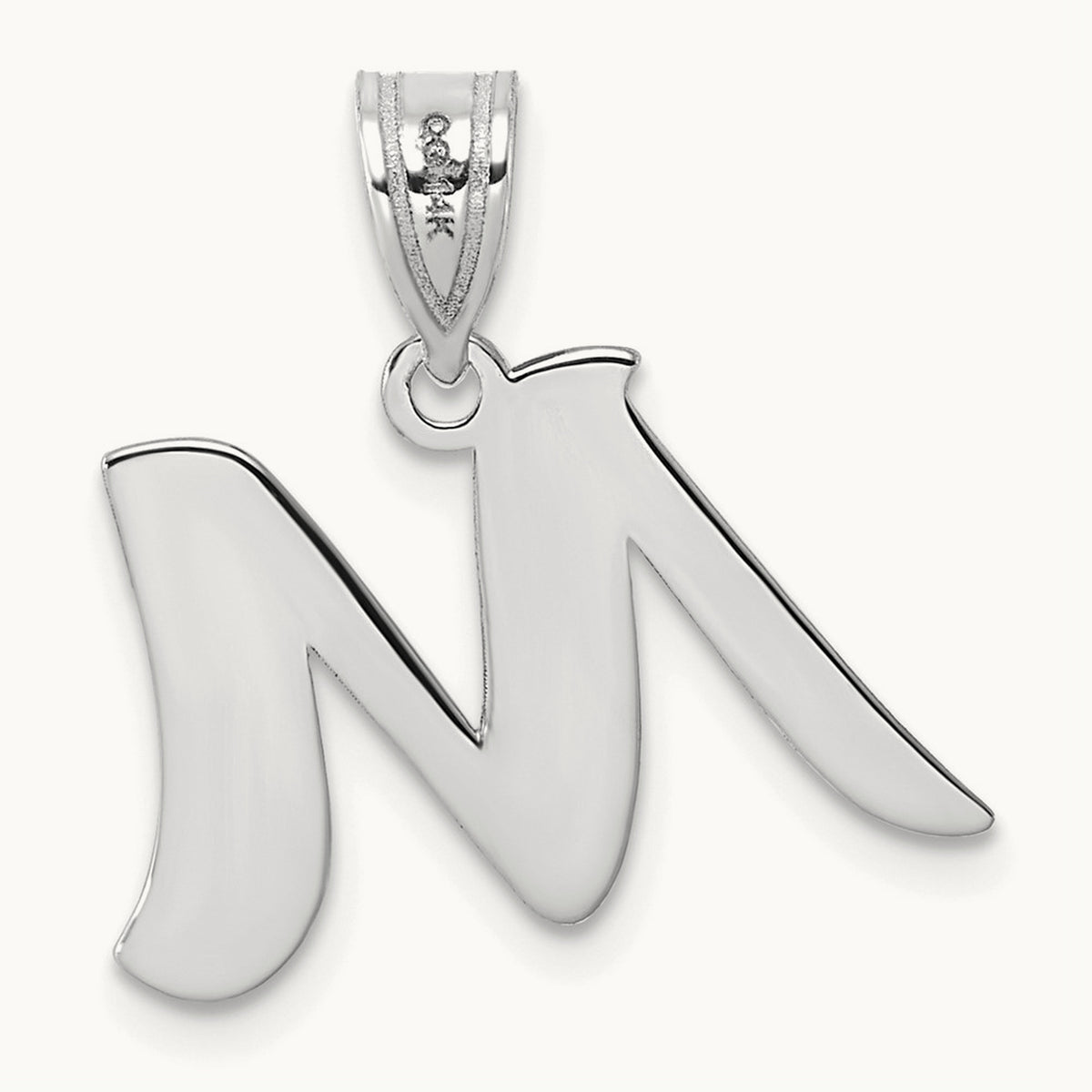 Polished Script Initial Pendant — 14K White Gold, M