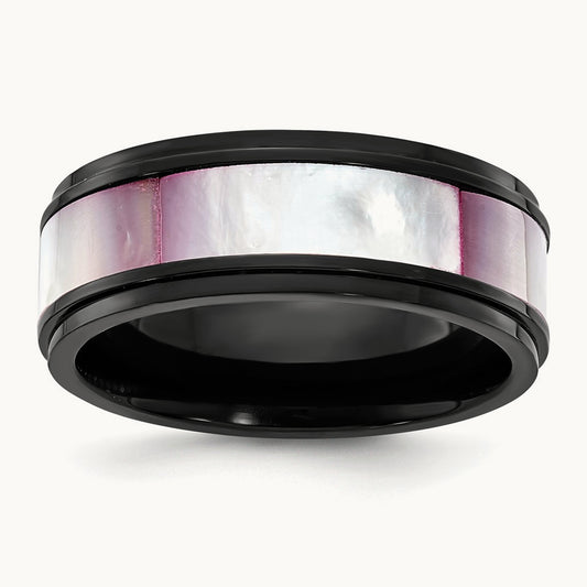 IP-plated Pink Mother of Pearl Inlay Band, 8mm, Titanium Black