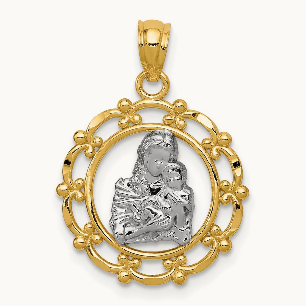 w/Rhodium Mother Holding Baby Pendant, 14K