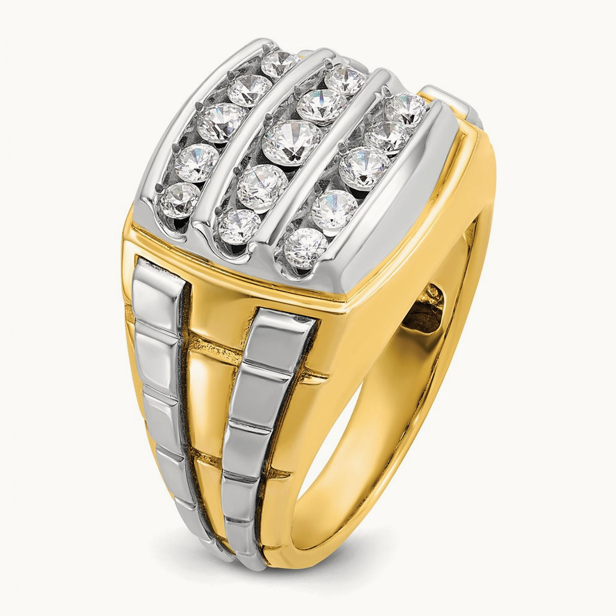 14ktt IBGoodman Men's Polished & Grooved 3-Row Diamond Cluster Ring