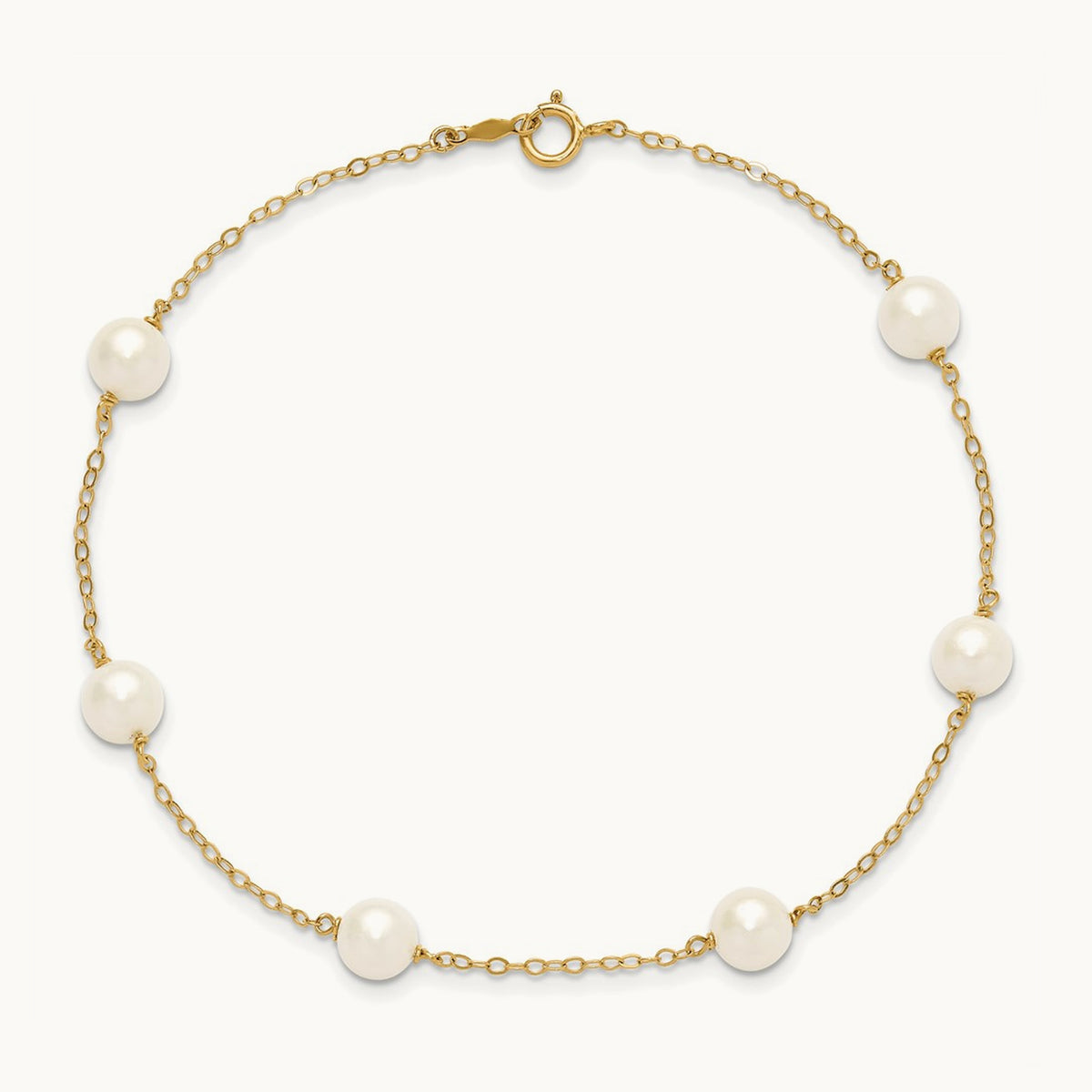 6- White Near Round Freshwater Cultured Pearl 6-station Anklet, 7mm, 14K