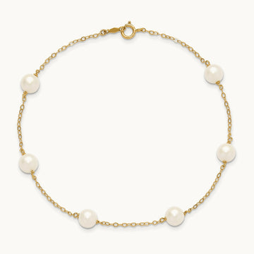 6- White Near Round Freshwater Cultured Pearl 6-station Anklet, 7mm, 14K