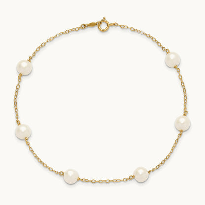 6- White Near Round Freshwater Cultured Pearl 6-station Anklet, 7mm, 14K