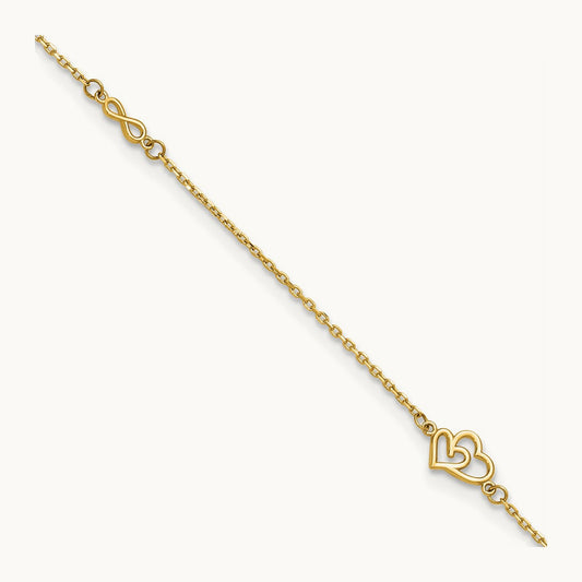 Polished Hearts and Infinity 9in Plus 1in ext. Anklet, 14K