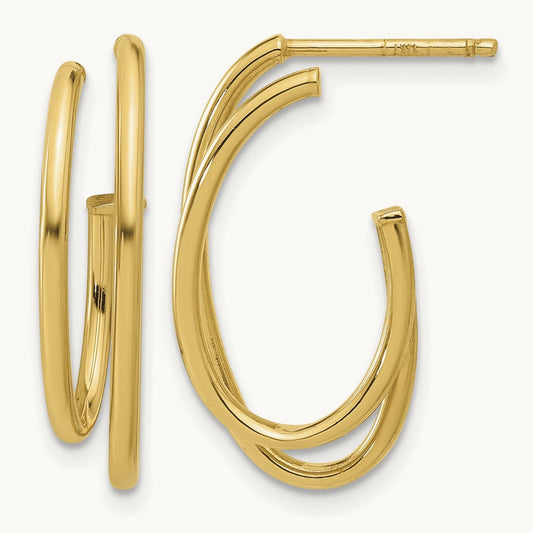 Polished Oval /Double Strand J-Hoop Post Earrings, 14K