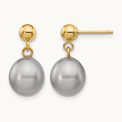 8- Grey Rice Freshwater Cultured Pearl Post Dangle Earrings, 9mm, 14K