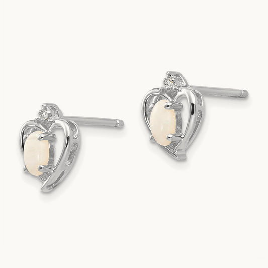 Opal and Diamond Heart Post Earrings, 14K White Gold