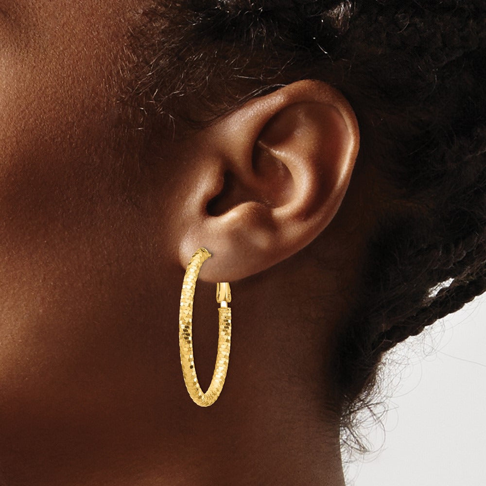 Diamond-cut Oval Omega Back Hoop Earrings — 3x37mm