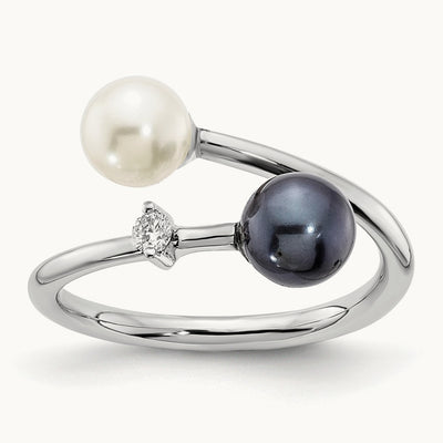 WG 5- Round Black & White Saltwater Akoya Pearl Dia. Adj. Ring, 6mm, 14K