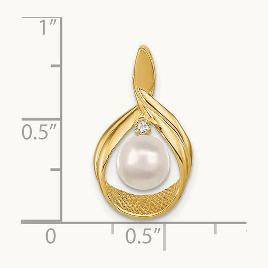 7- White Round Freshwater Cultured Pearl AA Diamond Pendant, 8mm, 14K