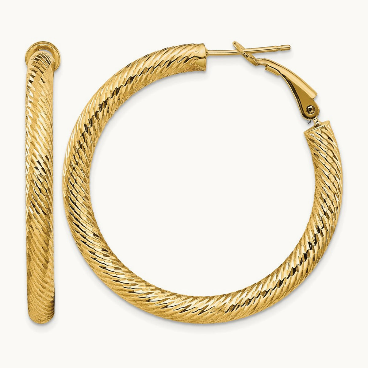 Diamond-cut Round Omega Back Hoop Earrings — 14K Yellow Gold, 4x40mm