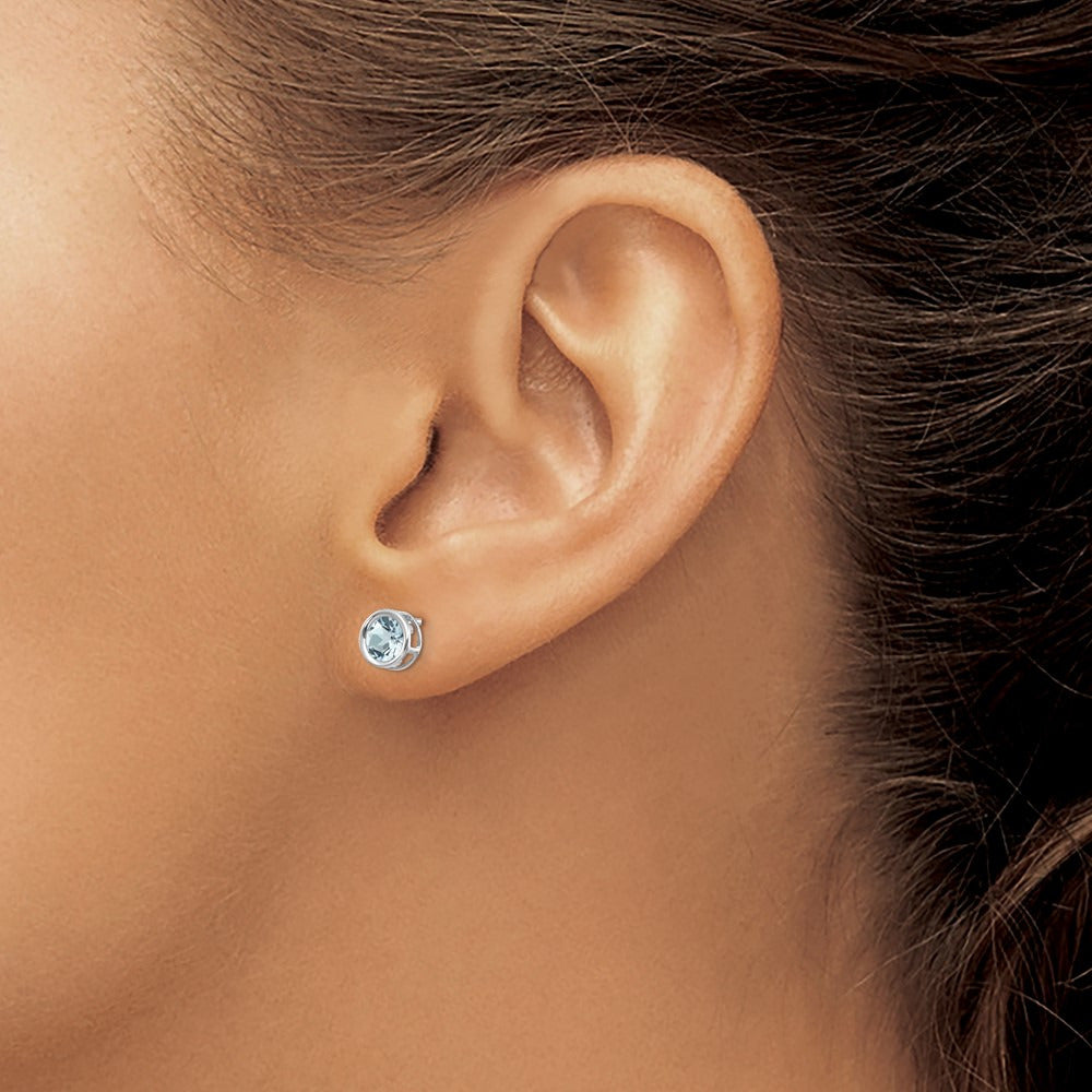 Bezel Aquamarine Stud Earrings — 14K White Gold