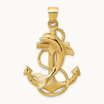 Dolphin on Anchor Charm, 14K