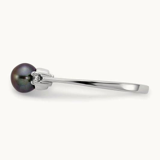 Black Freshwater Cultured Pearl Diamond Ring — 5mm