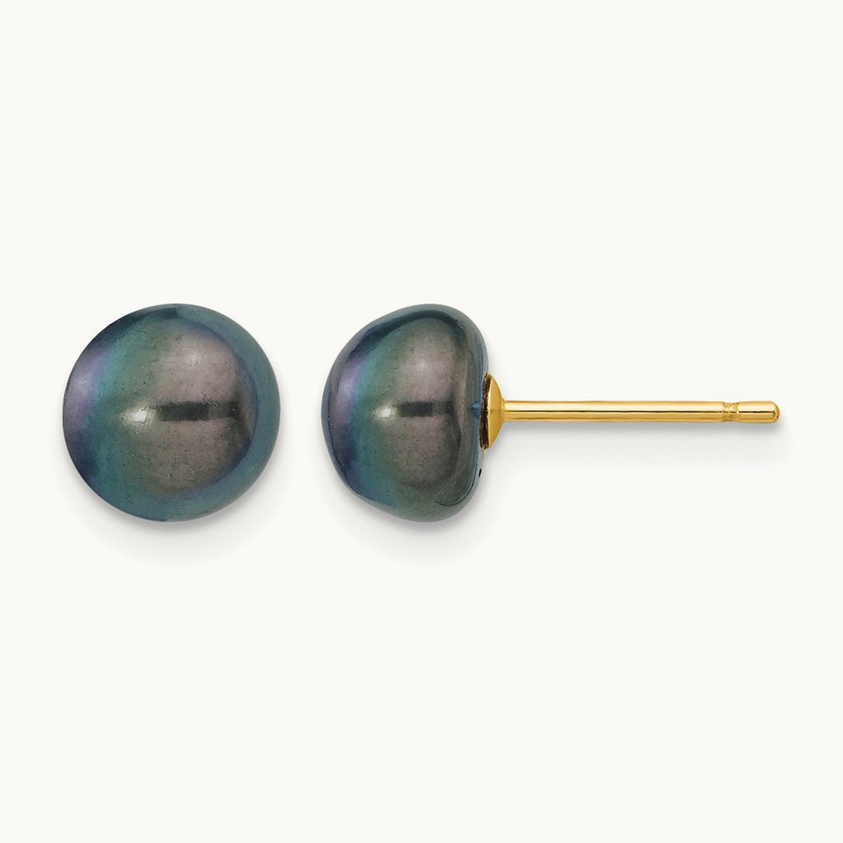Black Button Freshwater Cultured Pearl Stud Post Earrings — 14K Yellow Gold