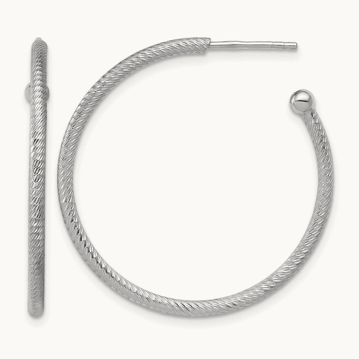Rhodium-plated Diamond-cut Post C-Hoop Earrings — 33x2mm