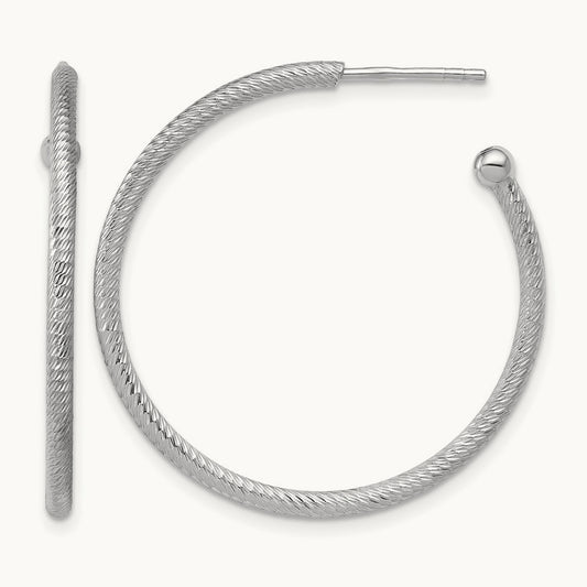 Rhodium-plated Diamond-cut Post C-Hoop Earrings — 33x2mm