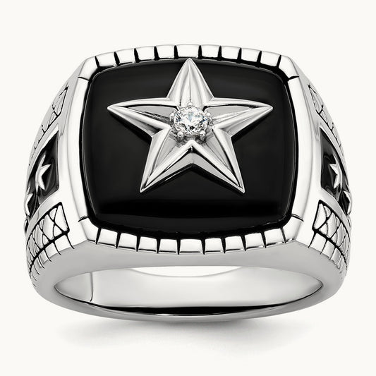 IBGoodman Men's Antiqued Onyx and Diamond Complete Ring, 14K White Gold