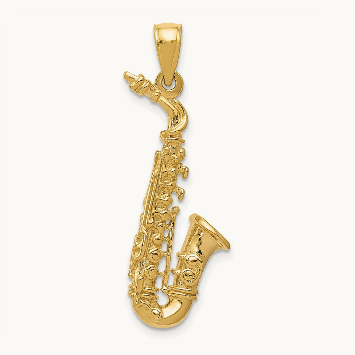 Solid Polished 3-D Saxophone Pendant, 14K
