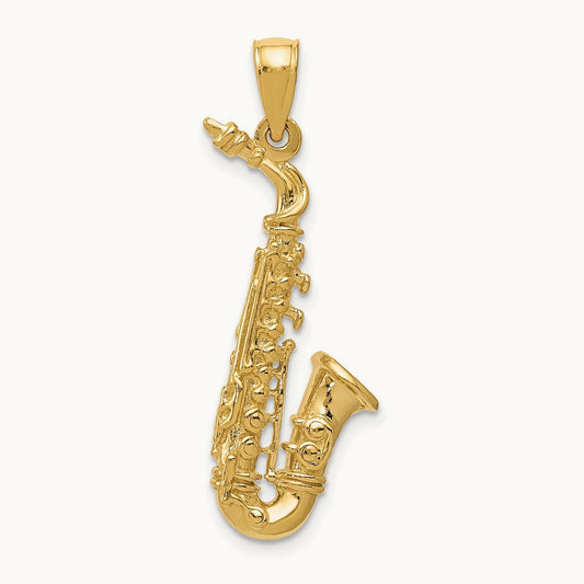 Solid Polished 3-D Saxophone Pendant, 14K