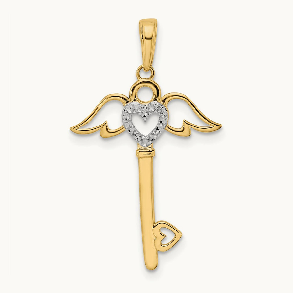 D/C Heart/ Angel Wings Key Pendant, 14K with White Rhodium