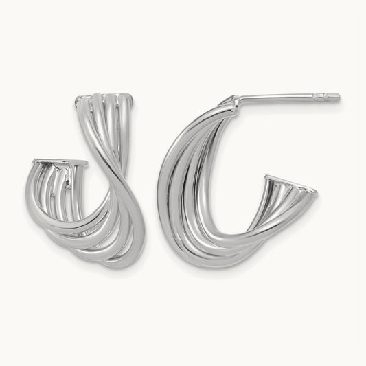 w/Rhodium-plating Polished 3-Row Twist J-Hoop Post Earrings, 10K — Leslie's