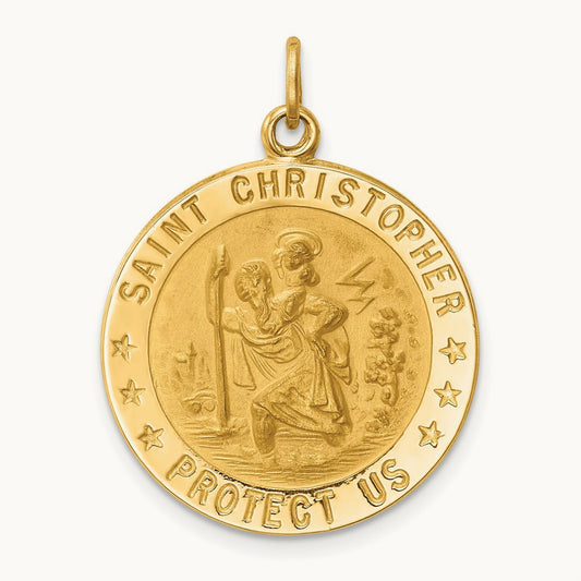 Solid Polished/Satin Medium Round St. Christopher Medal, 14K