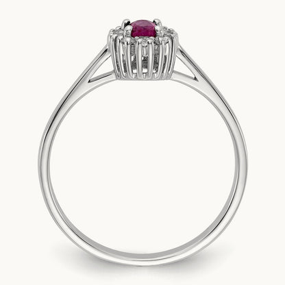 Diamond and Oval Ruby Halo Ring, 14K White Gold