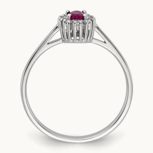 Diamond and Oval Ruby Halo Ring, 14K White Gold