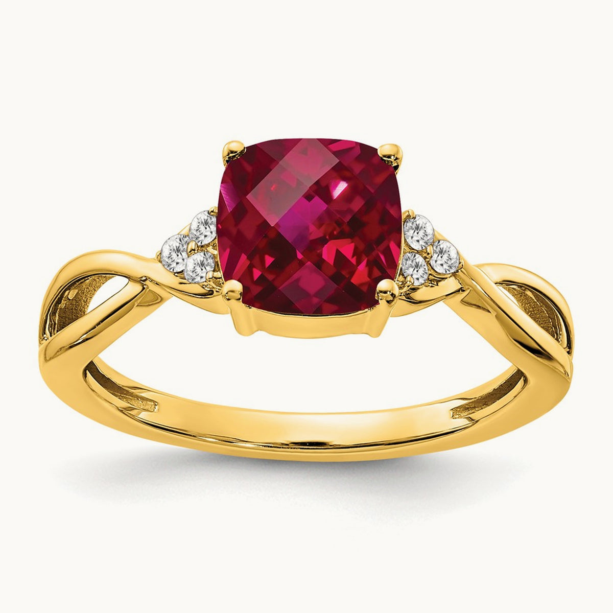 Checkerboard Created Ruby and Lab-Grown Diamond Ring — 14K Yellow Gold, 7