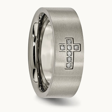 Brushed 1/15ct Diamond Cross Flat Band, 8mm, Titanium