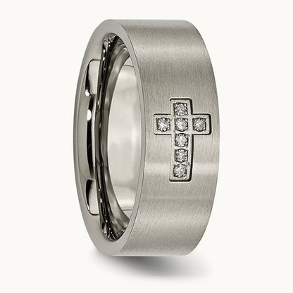 Brushed 1/15ct Diamond Cross Flat Band, 8mm, Titanium