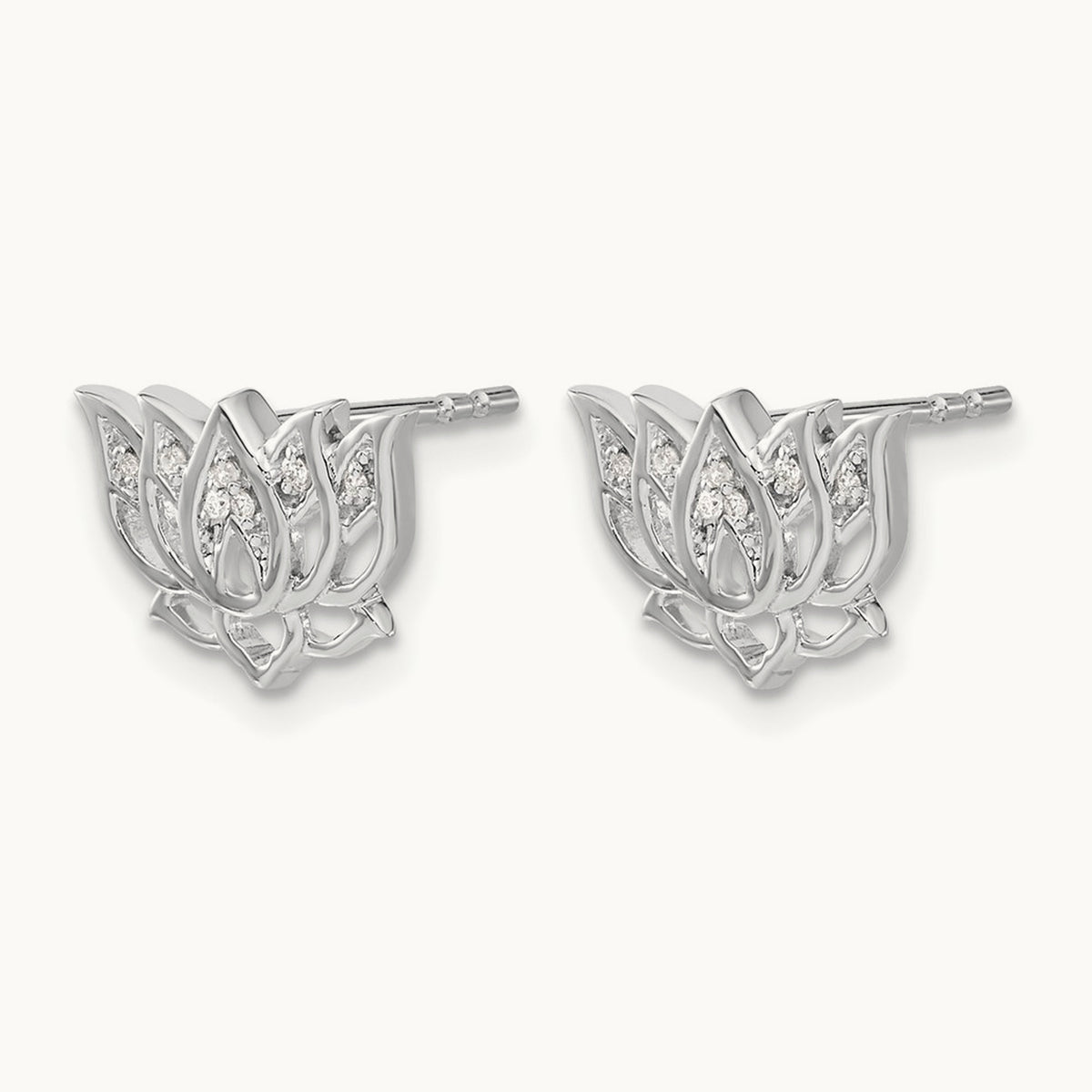Diamond Lotus Flower Earrings, 14K White Gold