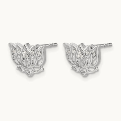 Diamond Lotus Flower Earrings, 14K White Gold