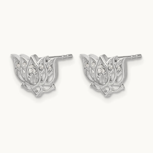 Diamond Lotus Flower Earrings, 14K White Gold