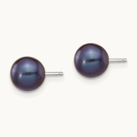 6- Black Round FW Cultured Pearl Stud Post Earrings, 7mm, 14K White Gold