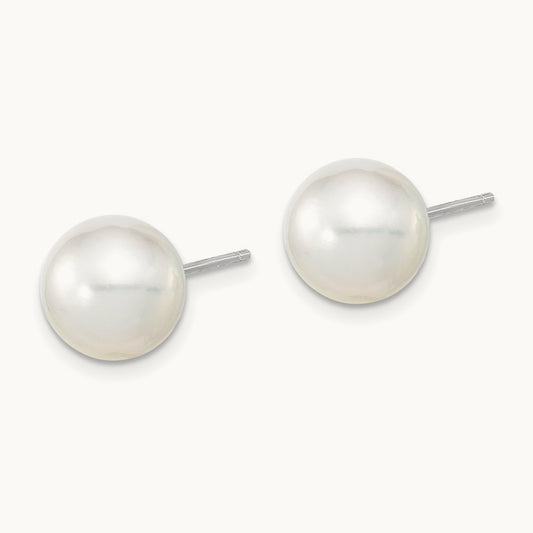 9- Round White Saltwater South Sea Pearl Earrings, 10mm, 14K White Gold