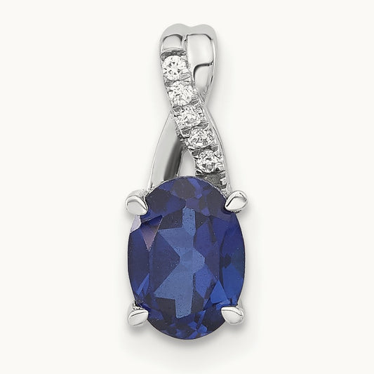 Oval Created Sapphire and Diamond Pendant, 14K White Gold