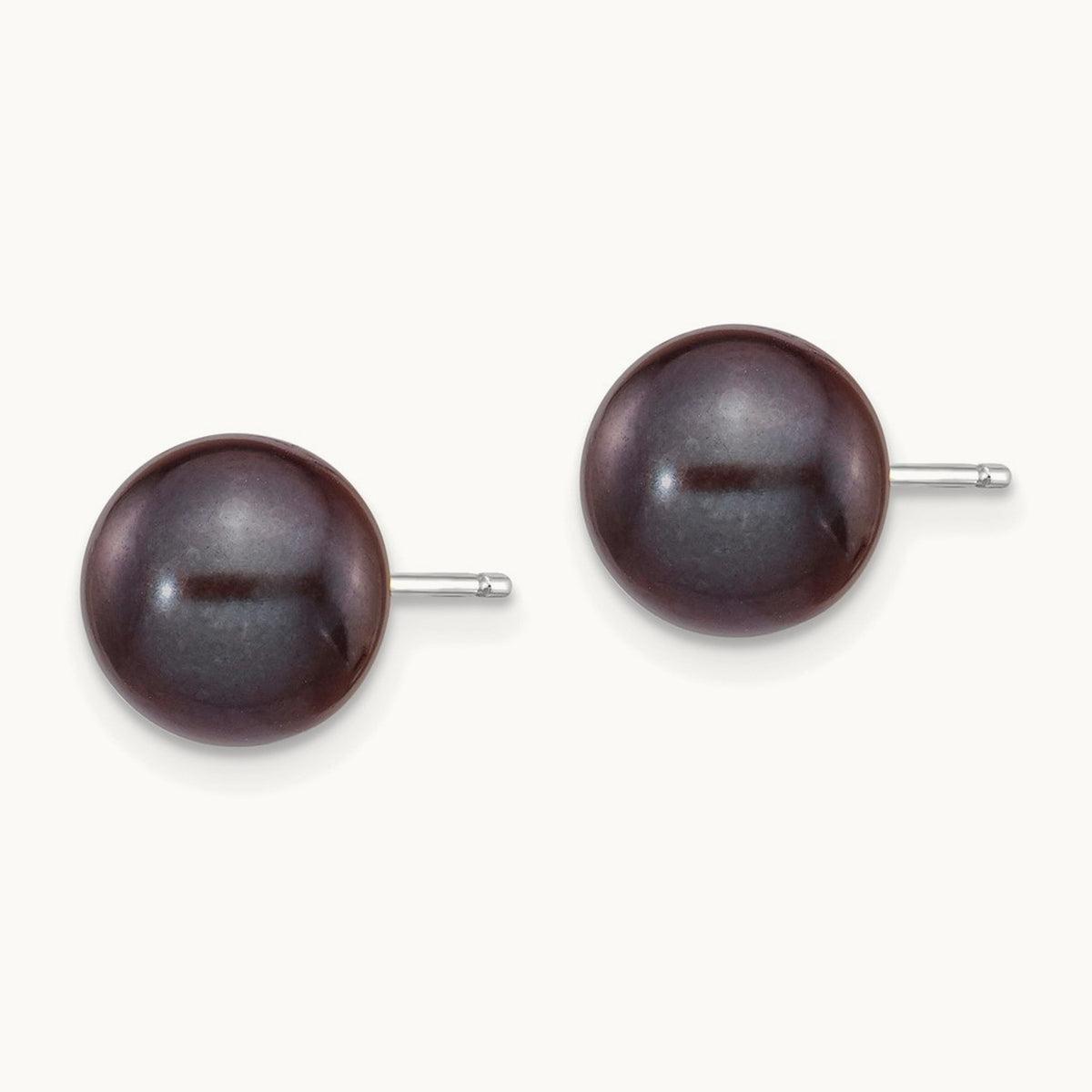 8- Black Round FW Cultured Pearl Stud Post Earrings, 9mm, 14K White Gold
