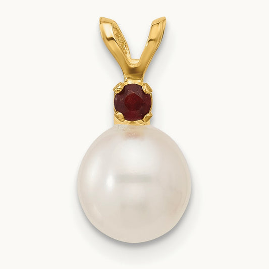 7- White Round FWC Pearl Garnet Pendant, 7.5mm, 14K
