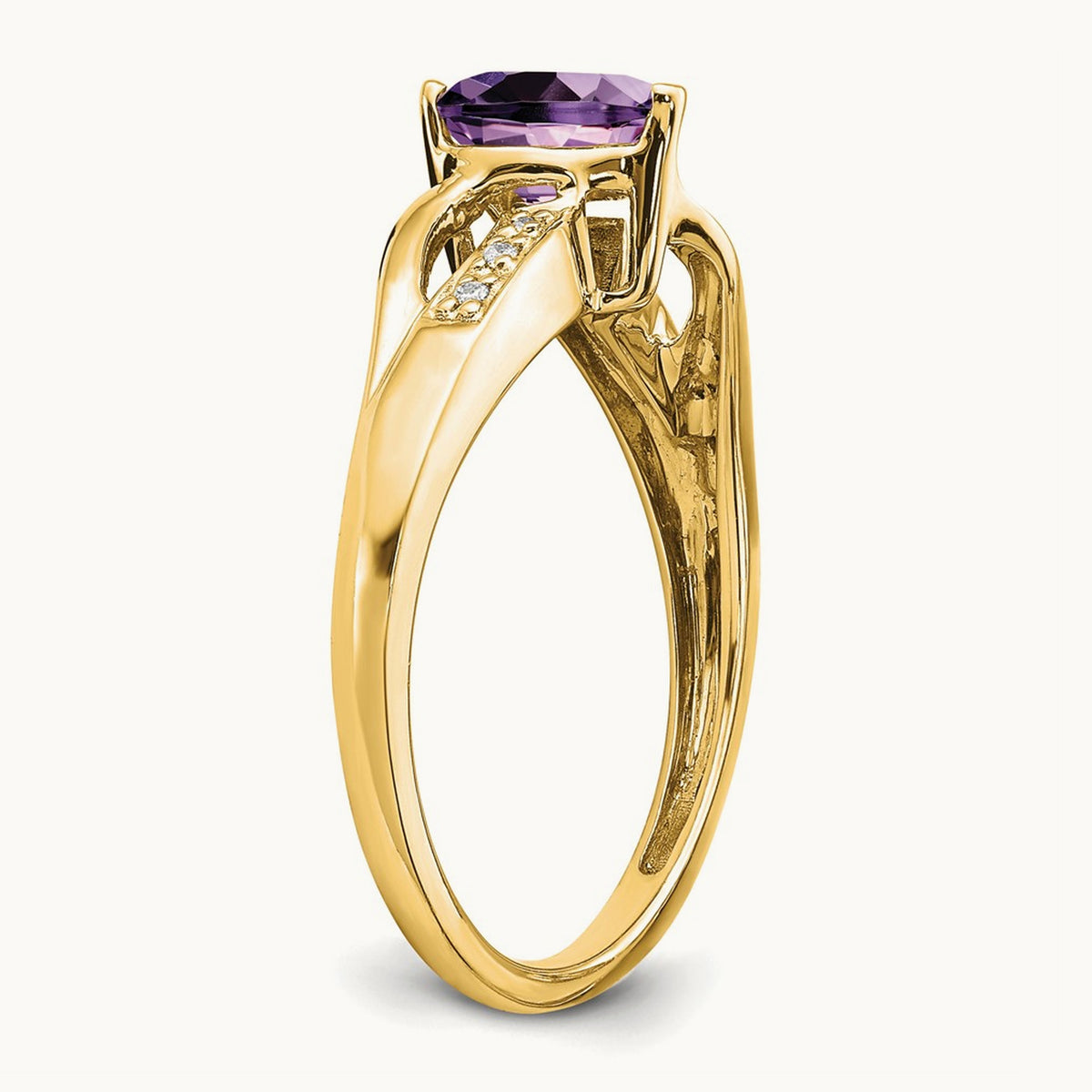 Amethyst and Diamond Heart Ring — 14K Yellow Gold, 7