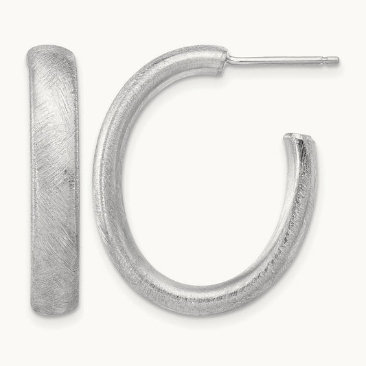 Rhodium-plated Brushed J-Hoop Post Earrings, Sterling Silver — Leslie's