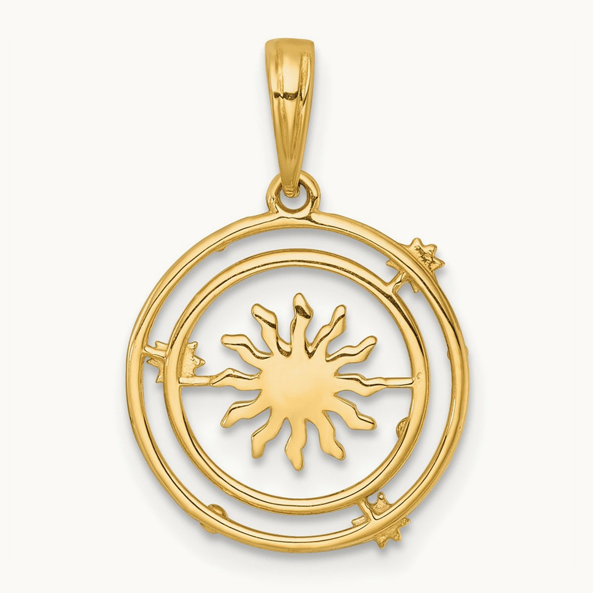 Polished Sun With Solar System Orbit Charm, 14K with White Rhodium