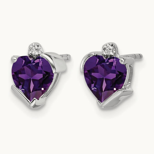 Amethyst and Diamond Heart Earrings, 14K White Gold