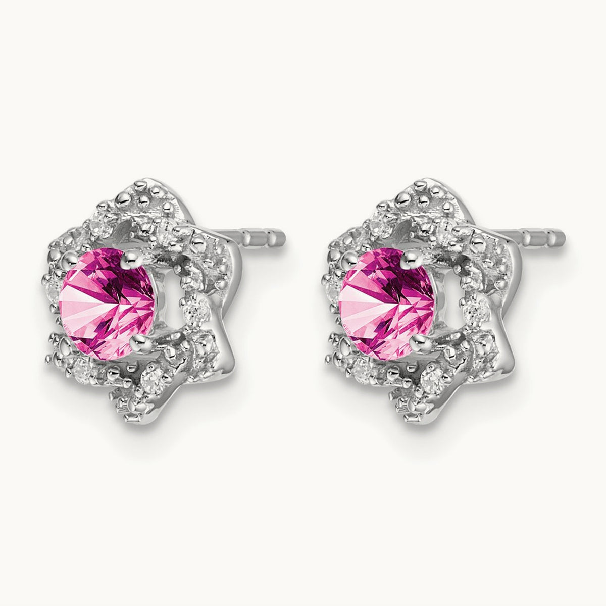 Created Pink Sapphire and Diamond Post Earrings, 14K White Gold