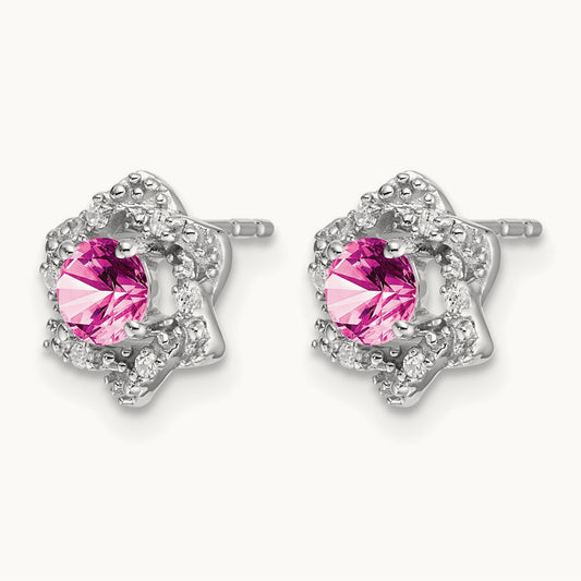 Created Pink Sapphire and Diamond Post Earrings, 14K White Gold