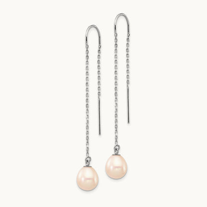 7- White Teardrop FW Cultured Pearl Threader Earrings, 8mm, 14K White Gold