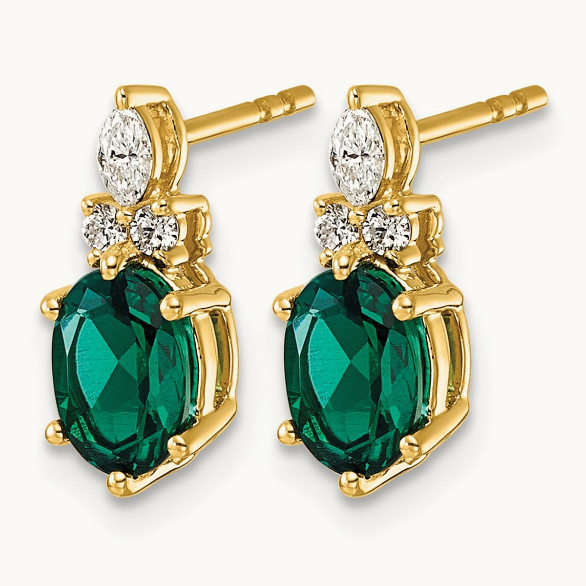 Diamond and Lab Created Emerald Post Earrings — 14K Yellow Gold