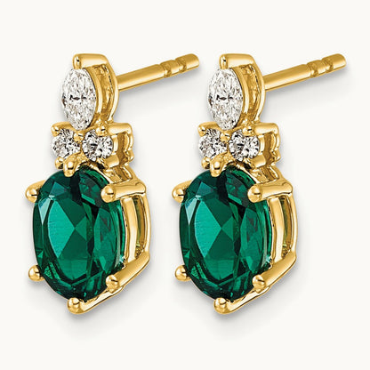 Diamond and Lab Created Emerald Post Earrings — 14K Yellow Gold